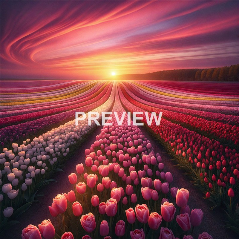 A vibrant and colorful field of tulips stretching towards the horizon with a dramatic sky and setting sun in the background.